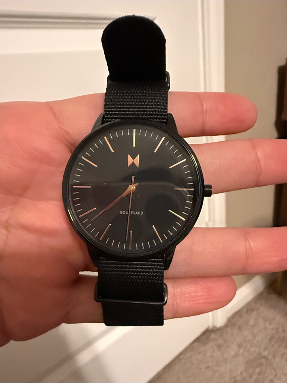 MVMT Black Watch with Gold Accents and Black Nylon Strap